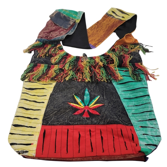 Handbags - Patchwork rasta saddle bag 420 weed pot fringe colorfull fun hippi